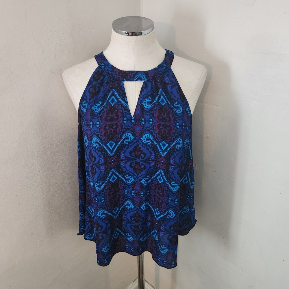 Express Womens Blue Purple Paisley Medallion Halter Keyhole Blouse Top Medium